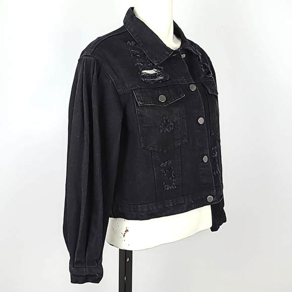 Shein Distressed Cropped  Black Denim Jean Jacket Puffy Sleeves Size XS - Picture 2 of 15
